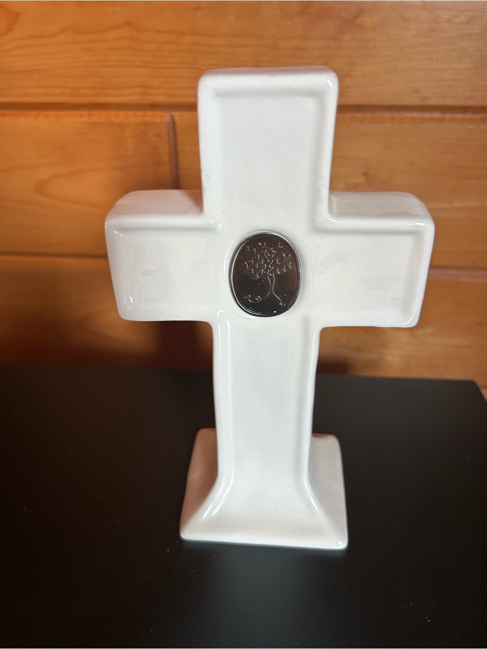 White Ceramic Cross with Silver Medallion Accent